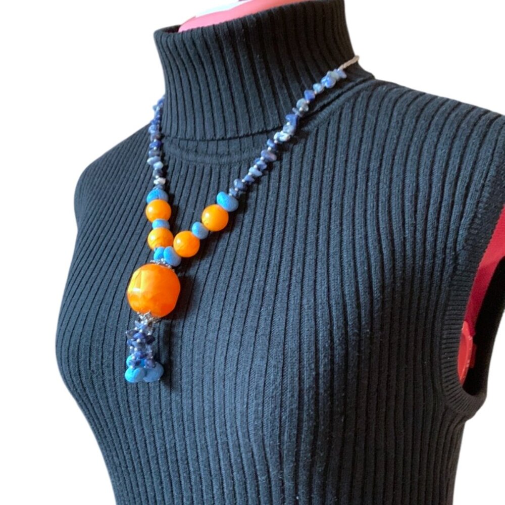 Tassel Necklace - Blue and orange beads - from Maroc